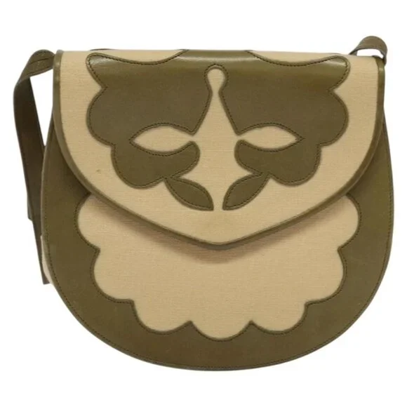 SAINT LAURENT Shoulder Bag Canvas Leather Khaki Auth